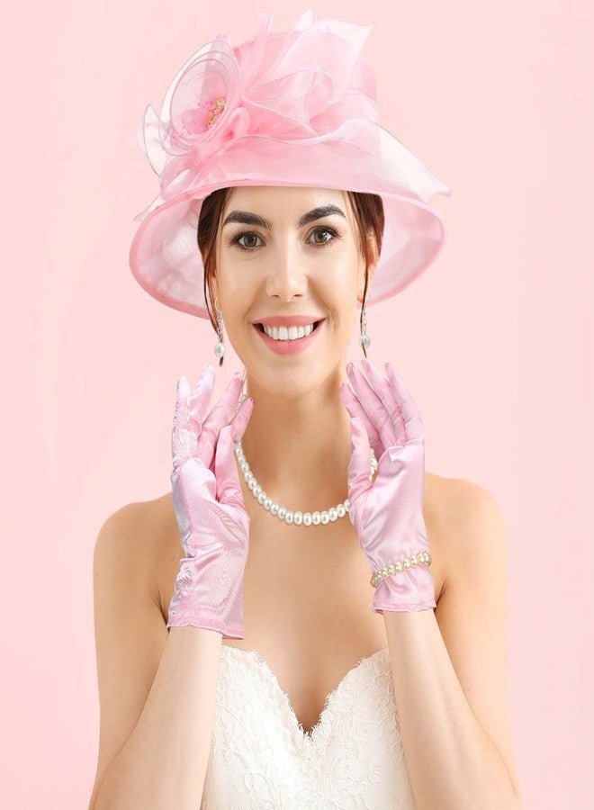 Aurelema 5 Pcs Derby Fascinator Hat Gloves Set for Women Tea Party with Pearl Necklace Bracelet and Earring(Pink,Satin) - Image 5